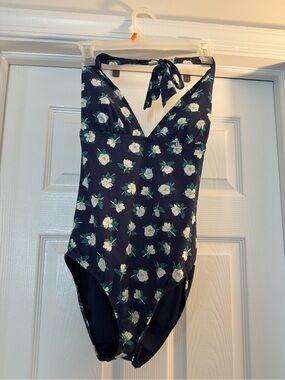 Lands End Draper James Navy Floral Halter One-Piece Swimsuit